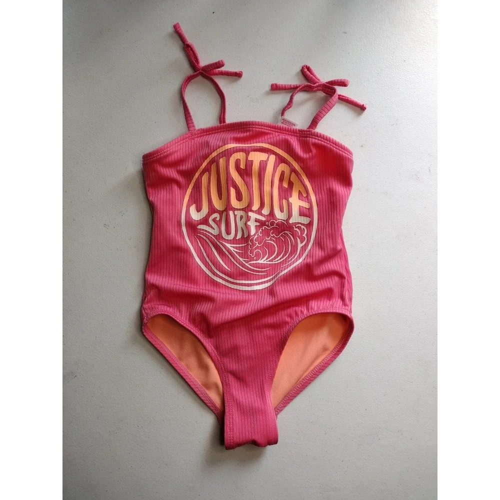 Justice Surf Girls One Piece Swimsuit Watermelon Pink Ribbed Graphic Size XS 5/6